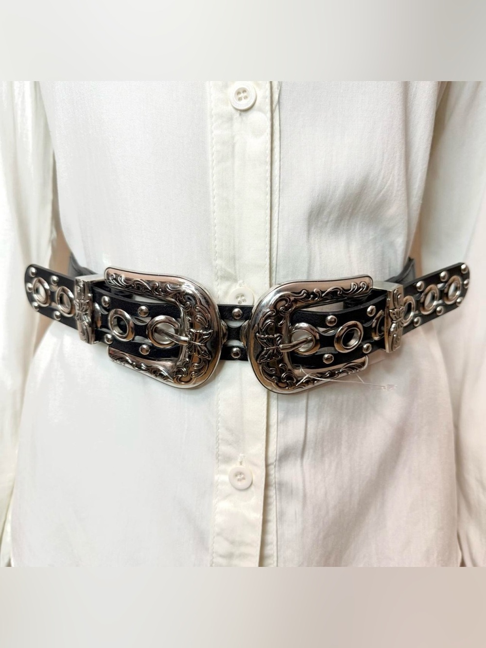 Black PU studded leather silver tone chunky double buckle elastic waistband belt
